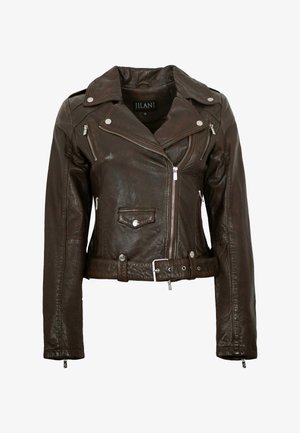 Dunkelbraune Leder-Bikerjacke mit asymmetrischem Frontreißverschluss, Reißverschlusstaschen, Druckknöpfen und einem taillierten Gürtel.