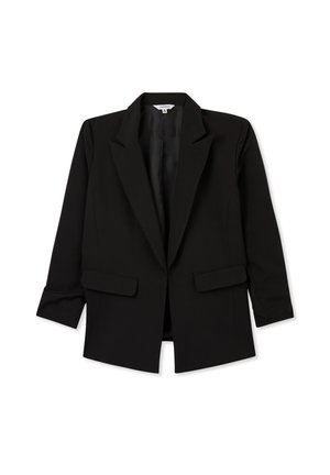 Blazer nero su misura con rever a punta, maniche lunghe e due tasche frontali a patta. Tessuto liscio con una vestibilità strutturata e apertura frontale.