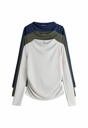 Kolme pitkähihasta paitaa: valkoinen, oliivinvihreä ja laivastonsininen. Ne on valmistettu pehmeästä kankaasta, ja niissä on pyöreä pääntie sekä kootut yksityiskohdat sivuilla.