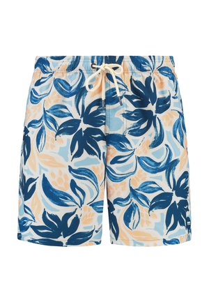 Plave i breskvaste cvjetne kupaće gaće izrađene od laganog materijala, s vezicom u struku i šarenim uzorkom lišća.