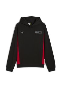 Sort hættetrøje med røde sidepaneler, grå "SCUDERIA FERRARI" tekst og et Puma-logo på brystet. Fremstillet af blødt, tekstureret stof.