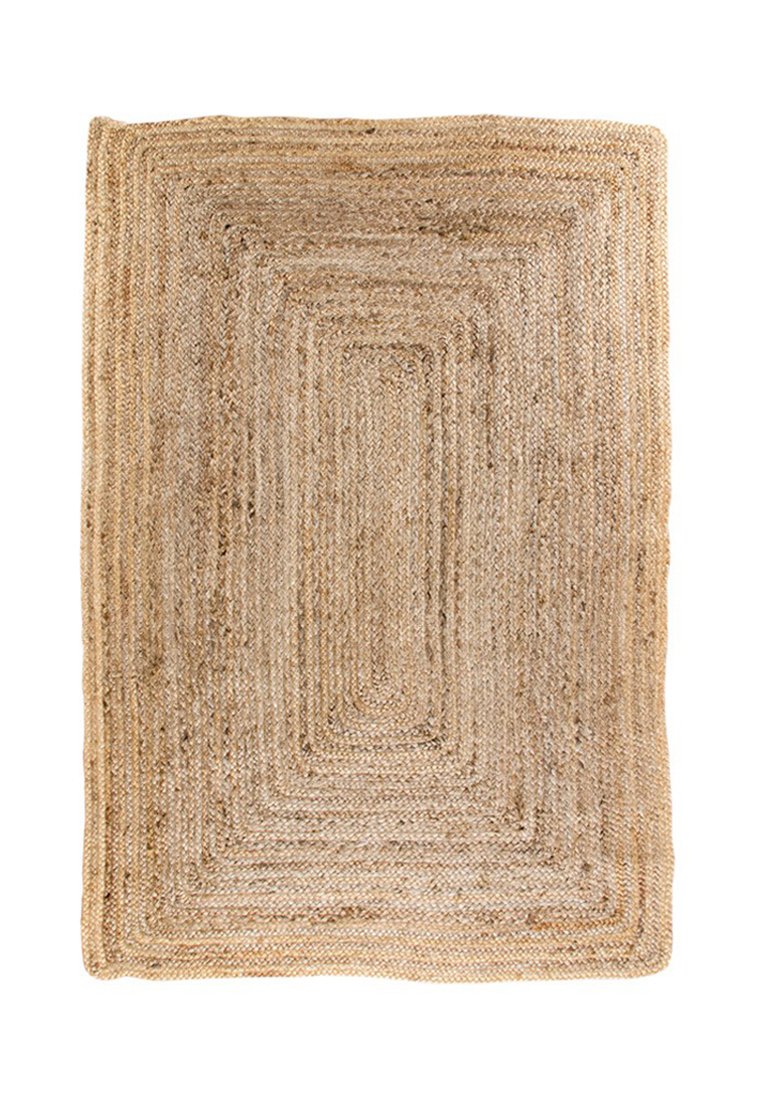 Tapis rectangulaire tissé en jute naturel, présentant une surface texturée avec des motifs de rectangles concentriques dans des tonalités de beige et de brun clair.