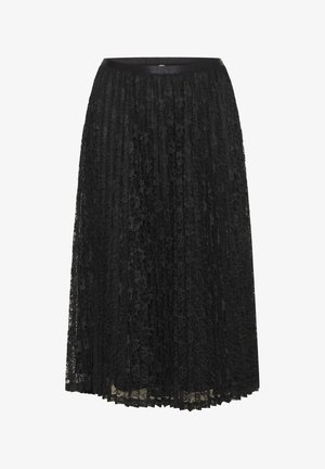 Juoda nėrinių klostuota sijonas su lygia juosmens juosta, kuriame yra subtilių gėlių ornamentų ir laisvos silueto.