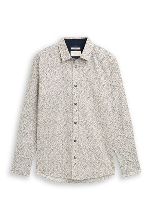 Overhemd met lange mouwen en knopen, met een kleine meerkleurige abstracte print op een witte achtergrond, een spreidkraag en donkere knopen aan de voorkant.
