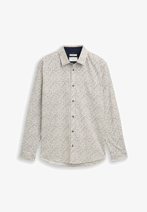 Overhemd met lange mouwen en knopen, met een kleine meerkleurige abstracte print op een witte achtergrond, een spreidkraag en donkere knopen aan de voorkant.