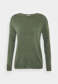 Olivgrüner Pullover mit strukturierter Strickoptik, rundem Ausschnitt und langen Ärmeln. Gerippte Bündchen und Saum verleihen dem Design zusätzliche Details.