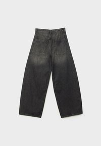 Black denim high-waisted wide-leg jeans with a faded texture, featuring two back pockets and a straight hem.