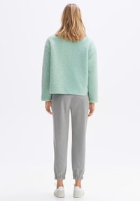 Giacca in pile verde menta con finitura testurizzata, abbinata a pantaloni della tuta grigi a sigaretta e sneakers bianche. Collo rotondo e polsini visibili.