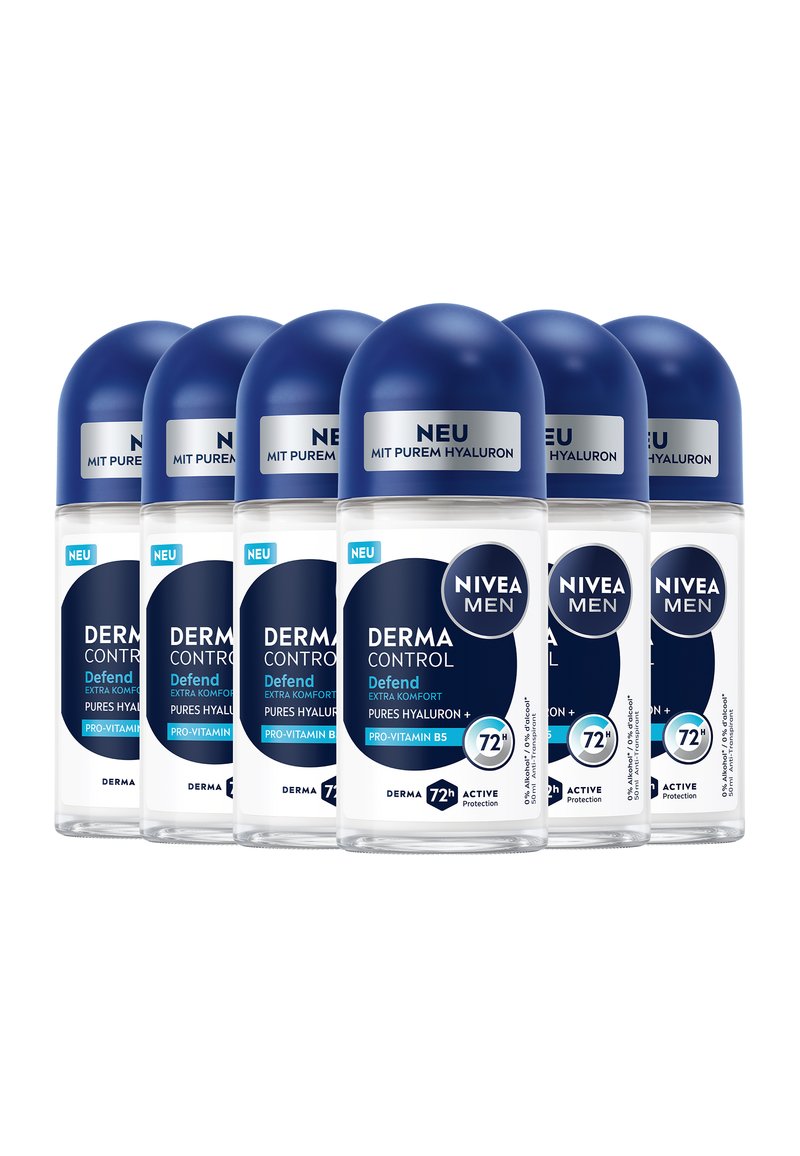 Sechs Nivea Men Derma Control Defend Roll-On-Deodorants mit blauen Verschlüssen und weißen Etiketten, die 72 Stunden Schutz und reinen Hyaluronsäure betonen.