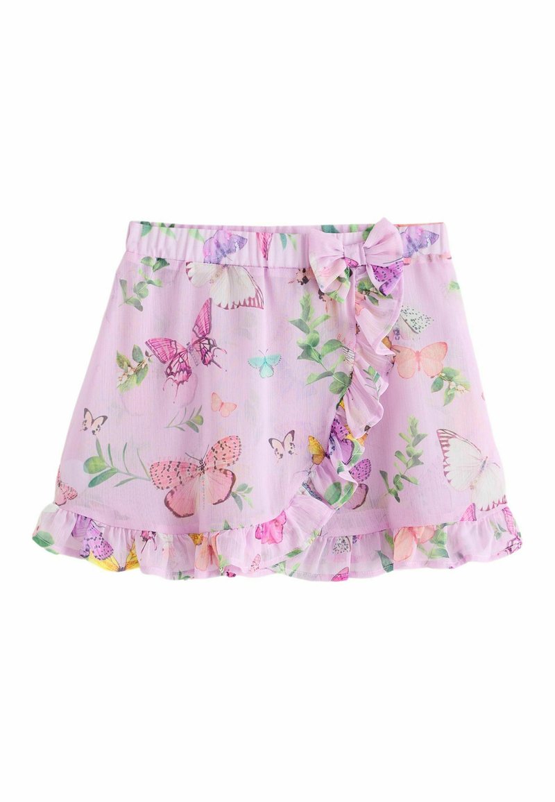 Helles Pink Kleid mit Schmetterlings- und Blattmuster; mit einem gerafften Saum und einer Schleifen-Detail an der Taille. Hergestellt aus weichem, leichtem Stoff.