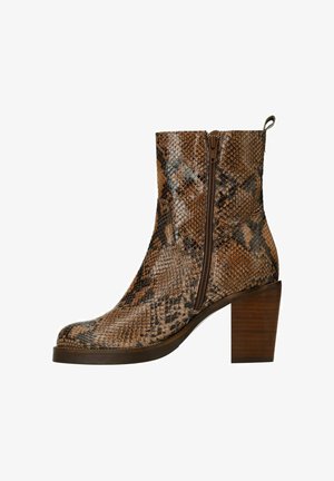 Brown snakeskin-textured ankle boot with a side zipper and a wooden block heel. Features a smooth finish and rounded toe design.