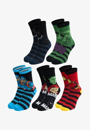 Pairs of striped socks featuring Marvel superhero designs: Black Panther, Hulk, Captain America, Hulk and Scarlet Witch, Iron Man.