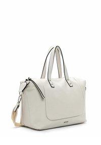 Sac à main en cuir blanc avec une finition texturée, bord noir, poignées supérieures doubles et une bandoulière amovible. Éléments de quincaillerie polis.
