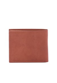 Portafoglio in pelle marrone con una texture liscia, design a due pieghe e cuciture visibili lungo i bordi. Dimensioni compatte per una facile portabilità.