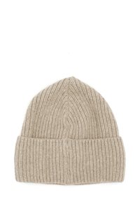 Beige knitted beanie with vertical ribbing, featuring a folded cuff and soft texture. Tapered top design for a snug fit.