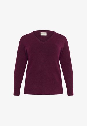 V-neck sweater in a rich burgundy color, made from soft knit material. Features long sleeves and a relaxed fit for comfort.