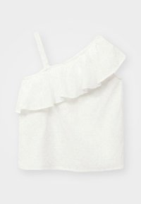 Top bianco con spalle scoperte e scollo a balze, realizzato in tessuto testurizzato con un delicato motivo floreale e una spallina singola.