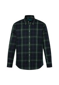 Camisa de botón de manga larga con un patrón de cuadros en verde oscuro y azul marino con acentos en blanco. Está hecha de algodón, tiene un cuello clásico y un bolsillo en el pecho.