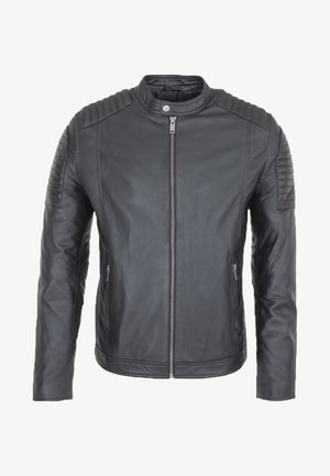 Schwarze Lederjacke mit Reißverschluss, gepolsterten Schultern und strukturierten Akzenten an den Ärmeln. Glatte Oberfläche mit Seitentaschen.