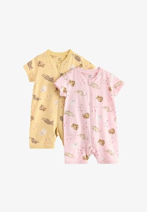 Kortærmede babydragter i gul og pink med legesyge katte- og blomstermotiver, udstyret med lynlåse foran for nem påklædning.