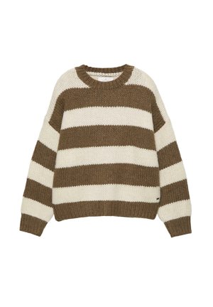 Maglione a maglia grossa con larghe righe orizzontali in marrone e crema, caratterizzato da un collo rotondo e polsini e orlo a coste.