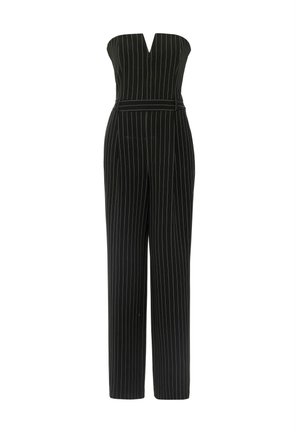 Mono negro con rayas con un diseño sin tirantes y un escote en V profundo. Presenta un corsé ajustado, piernas anchas y una cintura ceñida con cinturón.