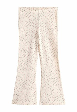 Uitlopende broek van crème stof met een kleine roze bloemenprint. Zachte textuur, elastische tailleband en rechte naden.