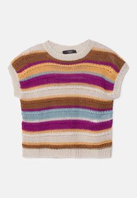 Suéter de punto de manga corta con rayas en beige, marrón, púrpura, azul y naranja. Presenta un escote redondo y una textura abierta.
