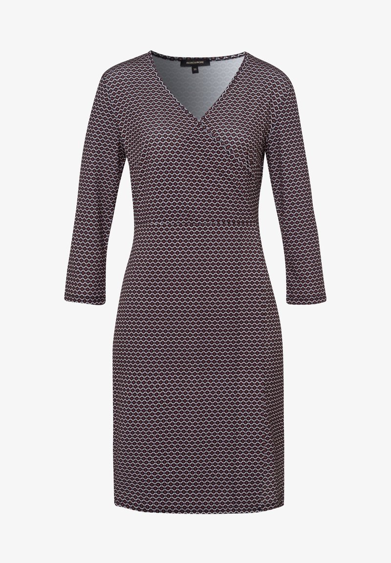 Robe à motif en bordeaux foncé avec un imprimé géométrique. Présente un col en V, des manches trois-quarts et un tissu doux extensible.