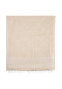 Écharpe beige avec un motif tissé subtil et des bords frangés. Le nom de la marque "JOOP!" est visible en ton plus clair en bas.