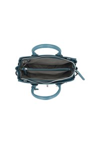 Blue leather handbag with two round handles and a zip closure. Interior features gray lining with multiple compartments and a zippered pocket.