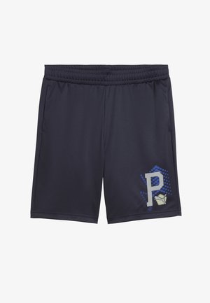 Shorts de sport noirs avec taille élastique, poches latérales et un logo "P" imprimé en bleu et gris près de l'ourlet droit.
