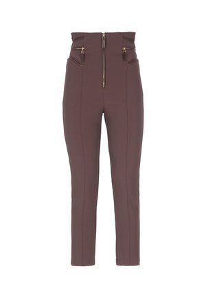 Pantaloni a vita alta, slim fit in tessuto marrone scuro con una texture liscia, dotati di cerniere dorate e tasche frontali inclinate.