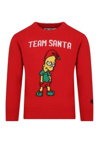 Rode gebreide trui met een cartoonfiguur met een bril, gekleed in een groene outfit. Boven het figuur staat de tekst "TEAM SANTA" prominent weergegeven.