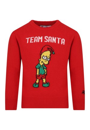 Rode gebreide trui met een cartoonfiguur met een bril, gekleed in een groene outfit. Boven het figuur staat de tekst "TEAM SANTA" prominent weergegeven.