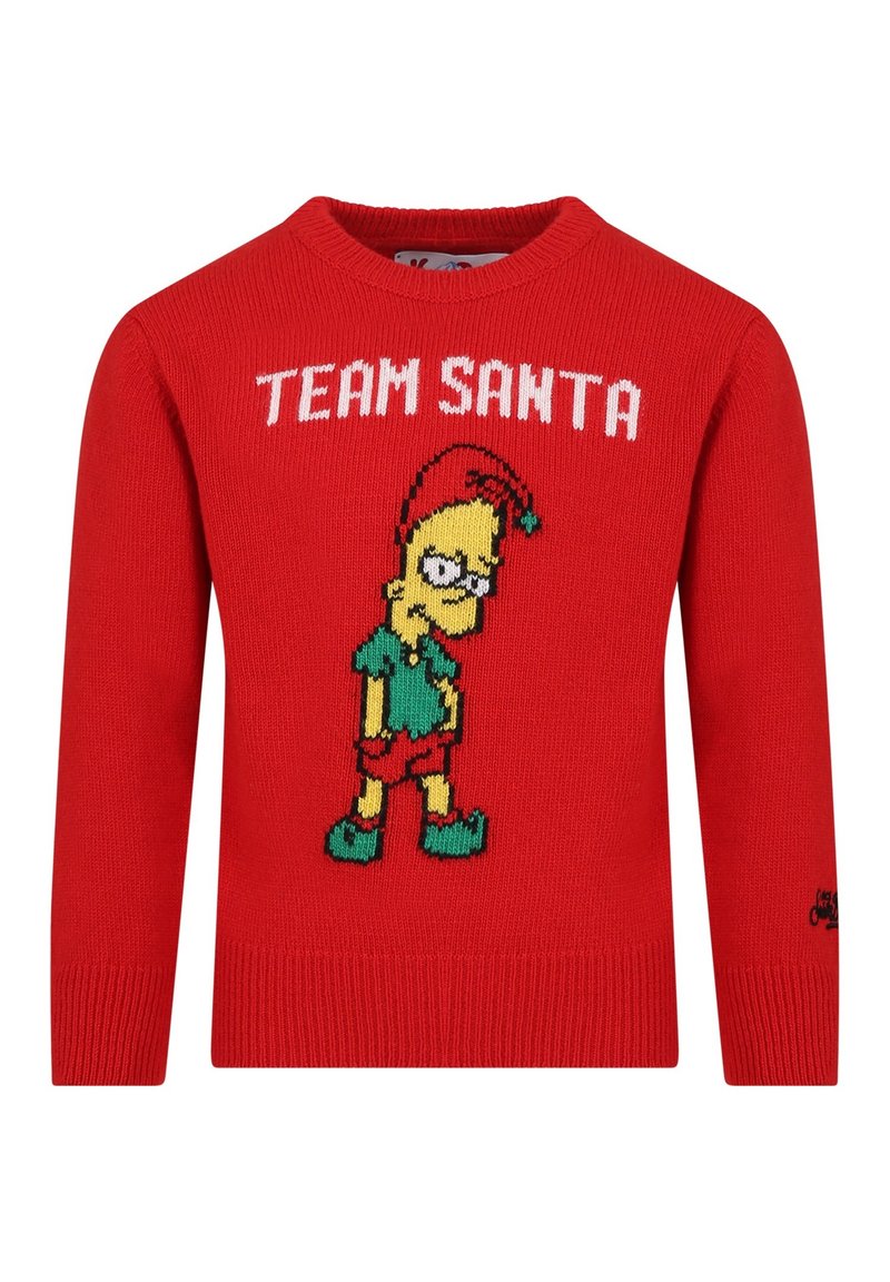Rode gebreide trui met een cartoonfiguur met een bril, gekleed in een groene outfit. Boven het figuur staat de tekst "TEAM SANTA" prominent weergegeven.