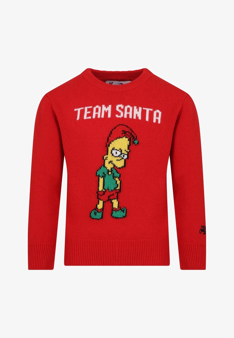Maglione rosso a maglia con un personaggio dei cartoni animati con occhiali, che indossa un abbigliamento verde. Il testo "TEAM SANTA" è ben evidente sopra il personaggio.