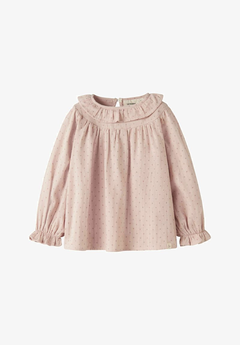 Heleroosa pikakarvaline beebipluus väikeste teemantmustrite, volangikaeluse ja mansettide ning yoke all kogutud kangaga.