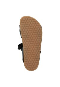 Zwarte sandaalzool met een gestructureerde tan rubberen basis met een honingraatpatroon. Twee zijbanden voor een veilige pasvorm.