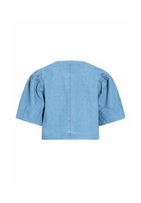 Veste courte en denim bleu clair avec des manches courtes bouffantes et une couture verticale centrale dans le dos.
