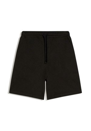 Zwarte casual korte broek met elastische tailleband en trekkoord, voorzien van zijzakken, plat uitgevouwen op een witte achtergrond.