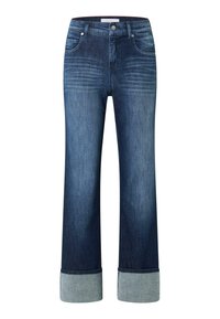 Dunkelblaue Denim-Jeans mit geradem Bein, ausgestattet mit einem umgeschlagenen Saum in einem helleren Denim-Ton, fünf Taschen und dezenten Waschungen.