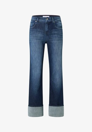 Donkerblauwe denim jeans met een rechte pijp, voorzien van een omgeslagen zoom in een lichtere denimtint, vijf zakken en subtiele wassing.