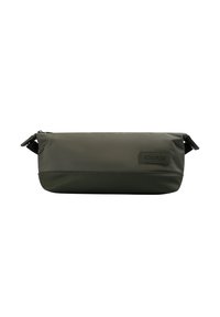 Bolsa de aseo compacta de color verde oliva con cierre de cremallera y parche con el logo de Scalpers en la parte frontal.