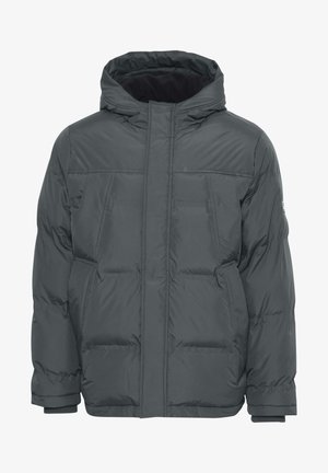 Veste matelassée gris foncé avec capuche, dotée d'une fermeture éclair à l'avant, de deux poches avant et de poignets élastiques pour un ajustement confortable.