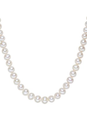 Pearl necklace featuring uniform white pearls with a smooth finish, strung in a symmetrical pattern, displaying subtle luster and shine.