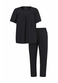 Ensemble de détente noir à deux pièces comprenant un haut à manches courtes avec des plis et un pantalon à taille élastique. Tissu lisse et doux avec une coupe décontractée.