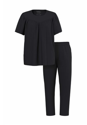 Schwarzes zweiteiliges Lounge-Set mit einem kurzärmeligen Oberteil mit Falten und einer Hose mit elastischem Bund. Glatter, weicher Stoff mit lockerer Passform.