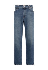 Blå denimjeans med rett ben, utstyrt med knapp- og glidelåslukking, og fem lommer. Ingen synlige slitasjer eller mønstre.