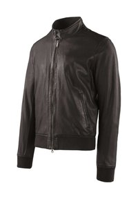 Giubbotto di pelle nera con colletto alto, zip frontale e tasche laterali. I polsini e l'orlo a coste aggiungono texture e contrasto al design.